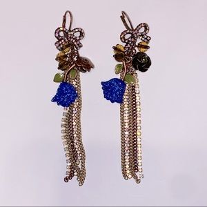 Vintage Betsey Johnson Blue Flower and Rhinestone Chain Drop Earrings